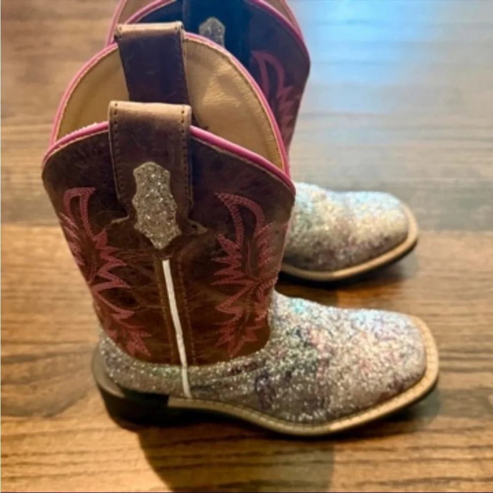 Girls Glitter Square-Toe Cowboy Boots in Pink and Brown